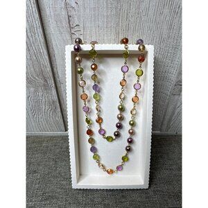 Multi-Color Boho Beaded Necklace w/ Gold Tone Chain Accent Womens Fashion